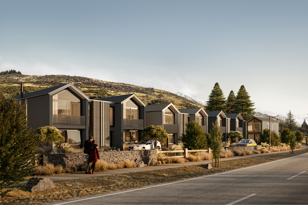 Rendered image of houses at The Views Cardrona Valley. There are pedestrians walking past in the foreground.